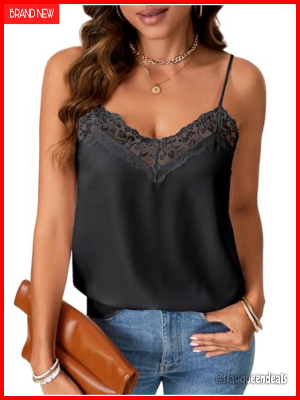 Satin Tank Top V Neck Lace Trim Spaghetti Strap Camisole Summer